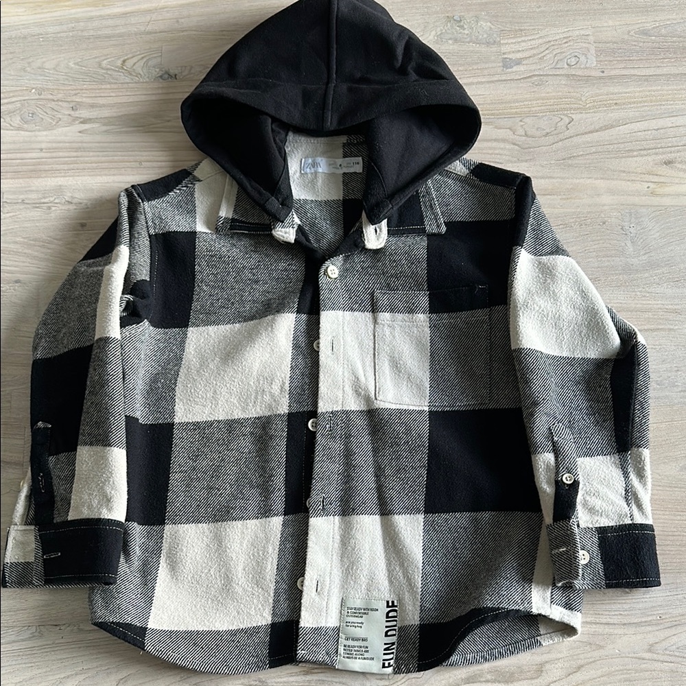 Kids Black and White Plaid Hooded Shirt